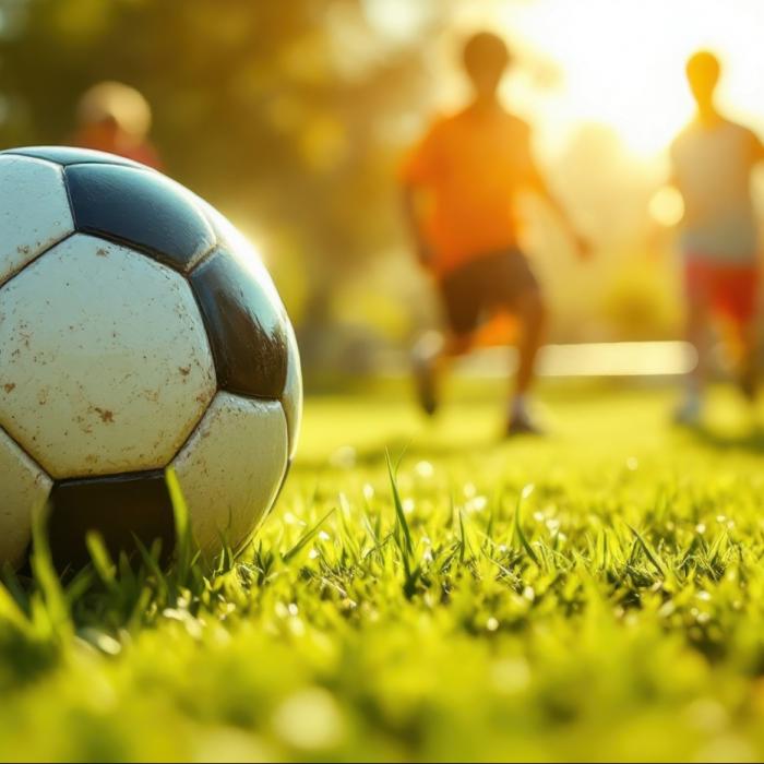 A football on the pitch with children in football kit in the background