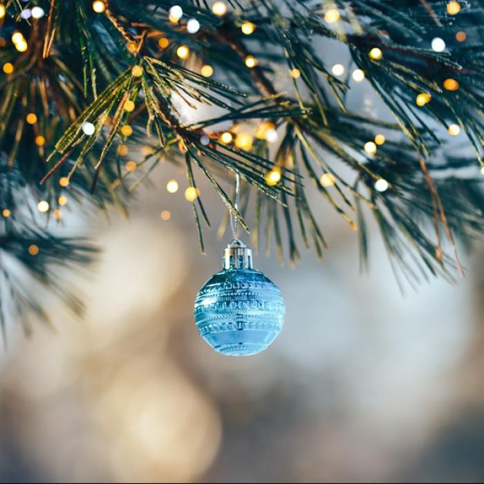 A single pale blue bauble hanging on a christmas tree