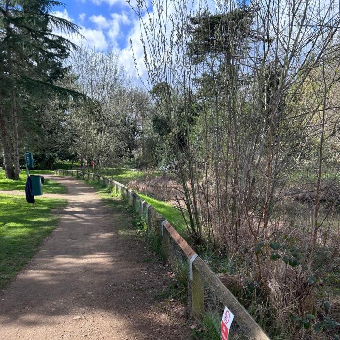 A fence alongside a pond on a residential estate